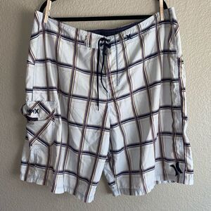 Hurley Men's White and Navy Plaid Board Shorts